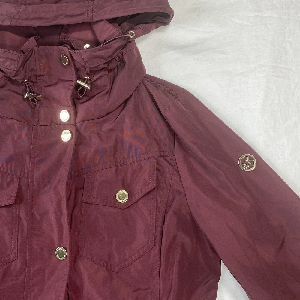 Michael Kors Women Burgundy Hooded Parka Full Zip Snap Jacket Size M
